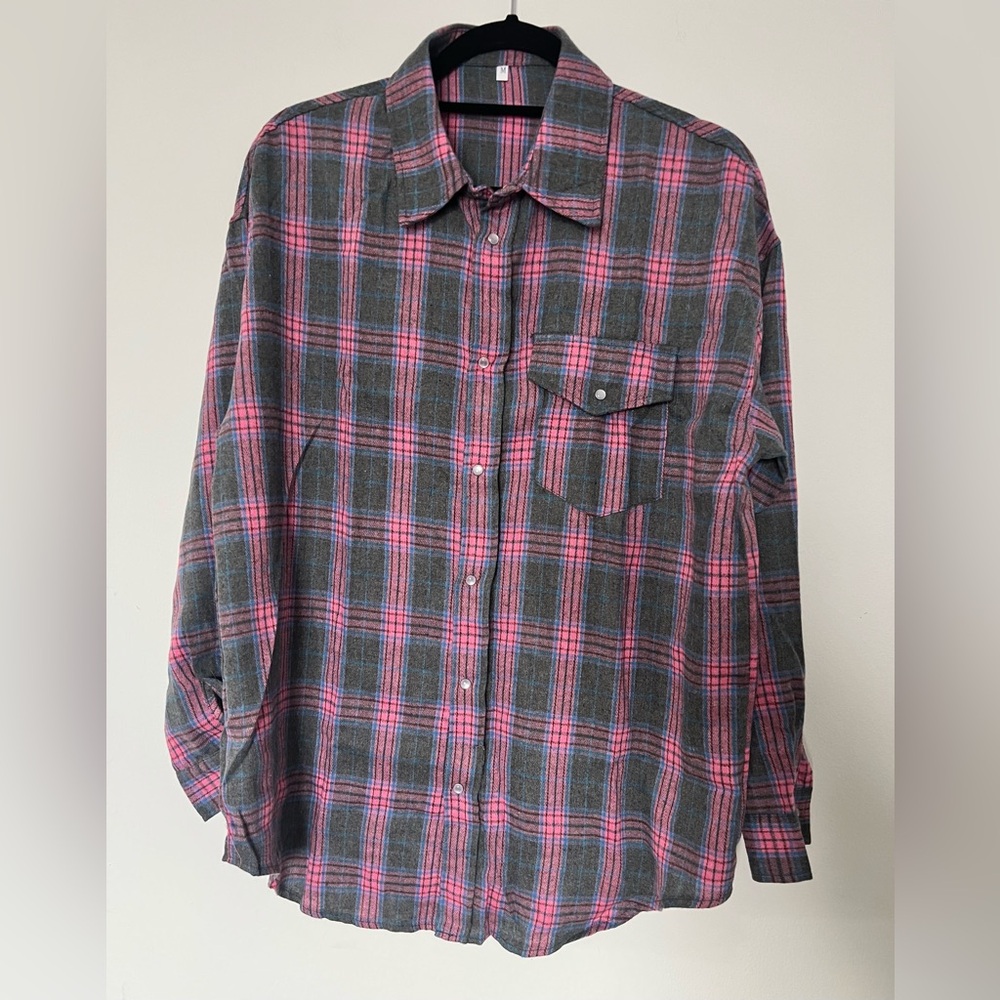 Women’s Plaid Button-Up Shirt - Gray and Pink